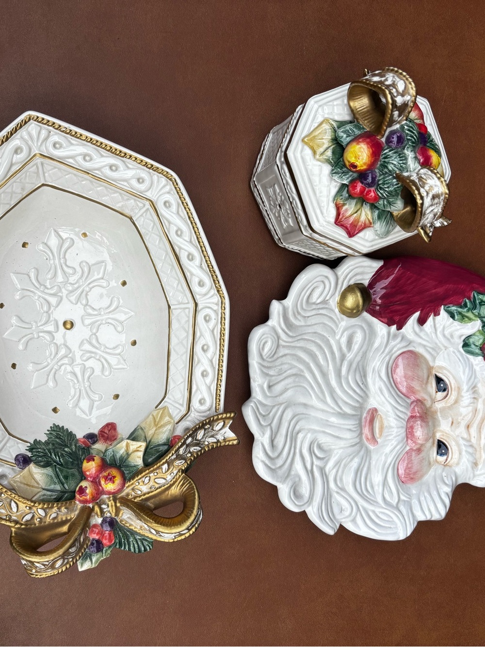 Vintage Fitz and Floyd Festive Ceramic Santa Serving Set and trinket box